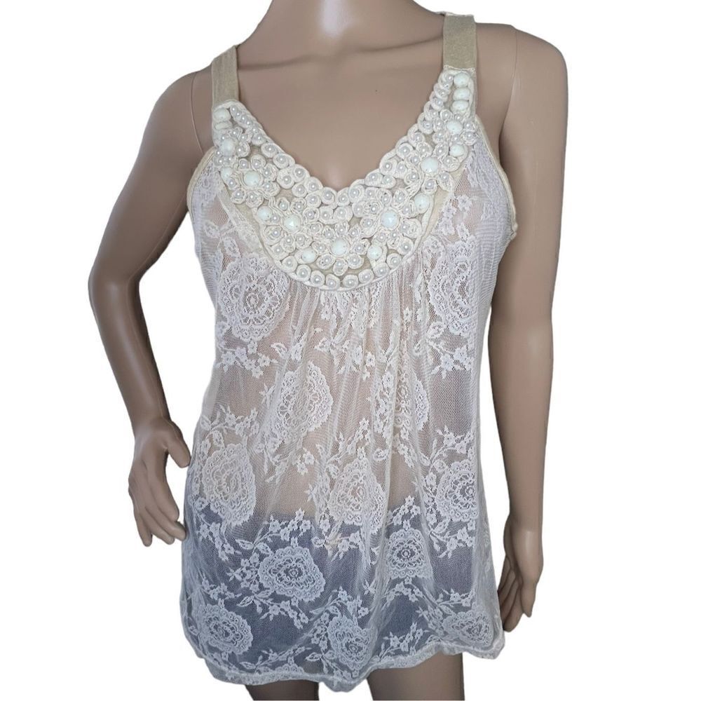 Wet Seal Y2K Lace Flowy Mesh Tank Top With Pearl Design On Neckline
